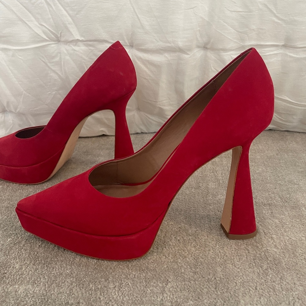 Anthropologie Maeve Platform Heels Red Suede Made in Brazil